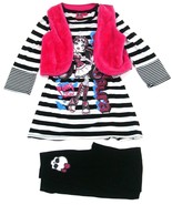 Girls Monster High Draculaura Fangs Fuzzy Pink Vest Shirt Pants Set XL 1... - £35.57 GBP