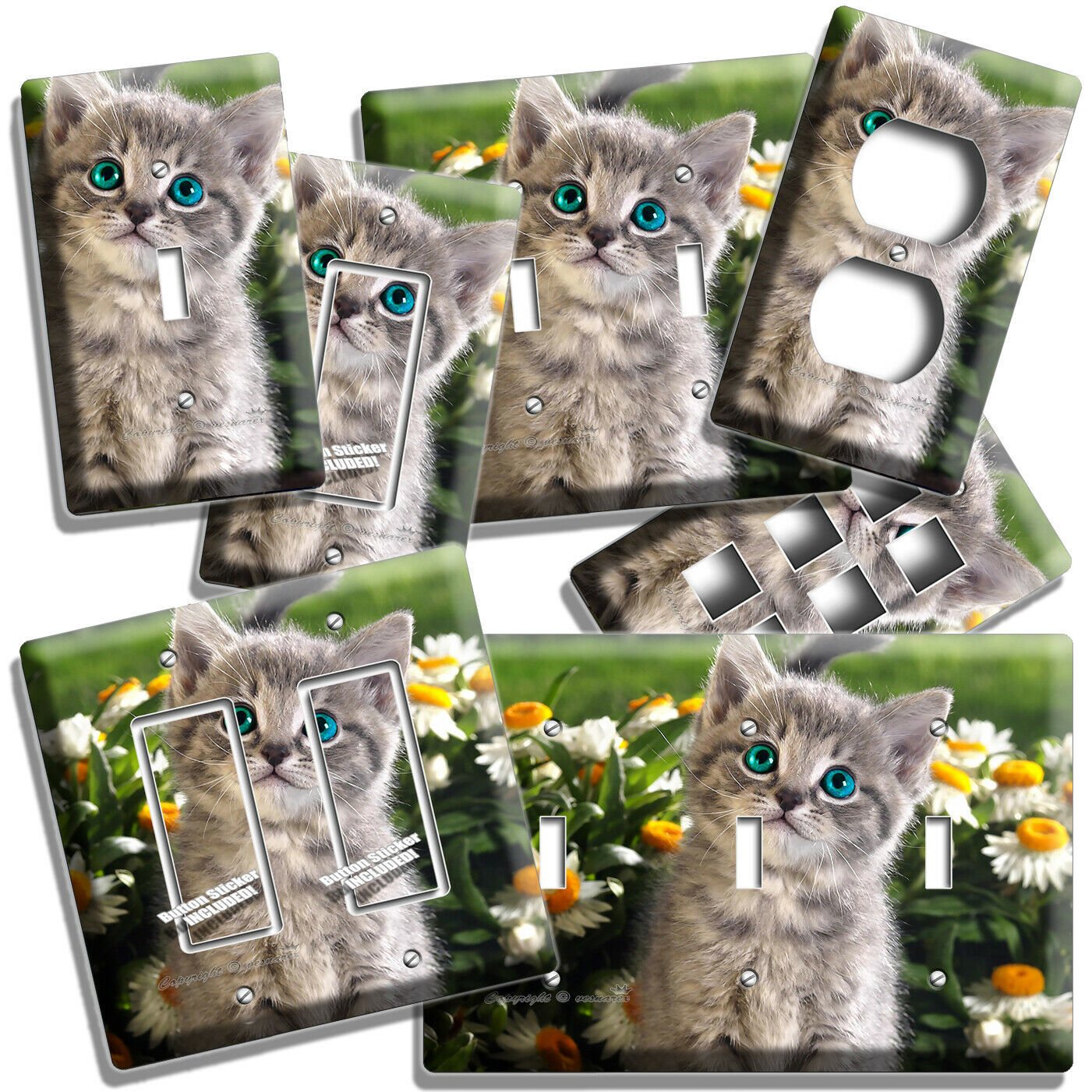 CUTE TUBBY KITTIE CAT GREEN EYES DAISY FLOWERS LIGHT SWITCH OUTLET WALL PLATES