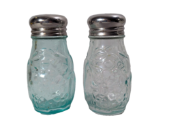 Vintage Aqua Salt and Pepper Shakers Fruit Embossed Clear Blue Glass Met... - £11.70 GBP