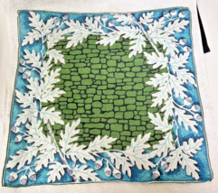 Vintage Hankie Brick Wall w Acorns &amp; Oak Leaves 15 Inches Blues Greens - £7.61 GBP