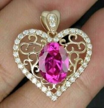 2Ct Oval Cut Lab Created Pink Sapphire Heart Pendant 14K Yellow Gold Plated 18&#39;&#39; - £90.19 GBP