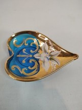 Vtg Antique Bohemian Blue Gold  Enameled Glass Floral Heart Pin Trinket Dish  - £13.45 GBP