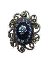 Vintage Flower Black Cameo Brooch Blue floral Rose Pin Cottagecore grannycore - £9.34 GBP
