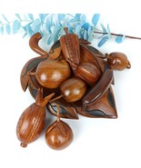 Vintage Hand Carved Solid Wood Fruit Set with Leaf Tray – Rustic Home Decor - $1,411.60 MXN