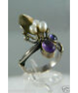 WHIMSICAL FLORAL DESIGN STERLING SILVER 925 WHITE PEARLS AMETHYST RING S... - £90.03 GBP