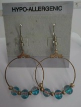 Partially Beaded Round Thin Hoop Dangle Blue&amp; Gold Earrings Hook Fashion Jewelry - £4.00 GBP