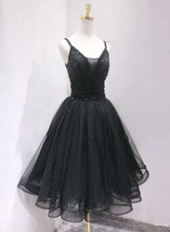 Black Tulle Beaded Knee Length Strapsomecoming Dress - $119.00