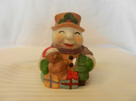 Ceramic Snowman With Teddy Bear Tea Light Candle Holder, Multi Color 4&quot; Tall - $14.25