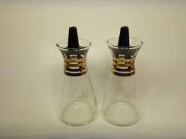 VINTAGE PYREX GLASS / GOLD TRIM w BLACK LID SALT &amp; PEPPER SHAKERS  UNUSED - $29.65