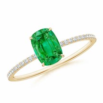 ANGARA Thin Shank Cushion Emerald Ring with Diamond Accents in 14K Gold - £2,172.58 GBP