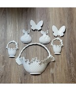 Vintage Hobnail White Burwood Baskets, Vases, Butterflies Wall Set - £37.35 GBP