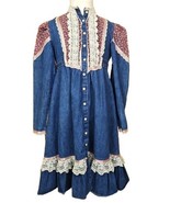 Gunne Sax By Jessica Prairie Dress Girls 7 Vintage Calico Denim Jeunes F... - $124.78