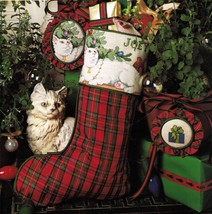 Cross Stitch Kitty Cat Santa Christmas Stocking Sack Ornament Pillow Pat... - $9.99