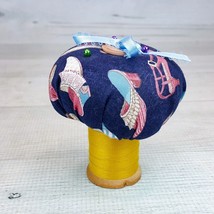 Vintage Handmade 4&quot; Pincushion Mushroom Shape Spool of Thread Base Blue &amp; Gold - $19.39