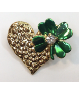 Gold Tone &amp; Green Heart &amp; 4 Leaf Clover Shamrock Pin Brooch St. Patrick&#39;... - $16.00