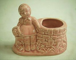 Pink Art Pottery Planter Girl Sitting Wishing Well Basket Flower Old Vin... - $19.79