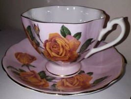 Queen Anne Tea Cup And Saucer Pink Large Yellow Cabbage Roses - £14.71 GBP