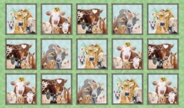 24&quot; X 44&quot; Panel Happy Farm Animals Cows Sheep Goats Green Cotton Fabric D363.45 - £6.78 GBP
