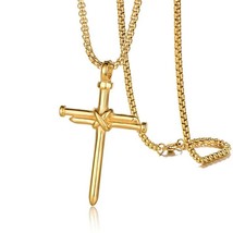 Men&#39;s Gold Christ Jesus Nail Cross Pendant Necklace Christian Jewelry Chain 24&quot; - £7.11 GBP