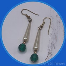 Handmade Dangle Earrings Elongated Teardrop Pearl Green Crystal Fashion Jewelry - £6.26 GBP