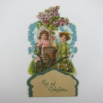 Vintage Valentine 3D Pop Up Die Cut Boy &amp; Girl Pink Planting Tree Wheel Barrow - £11.93 GBP