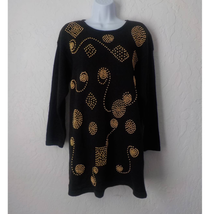 Sarah Morgan Black Knit Tunic Sweater Dress Size Large Gold Embellished Ramie - £20.56 GBP