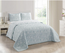 Farmhouse Jaquard Powder Blue Print Reversible King Quilt Set Country Cottage - £77.49 GBP