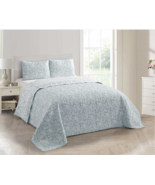 Farmhouse Jaquard Powder Blue Print Reversible King Quilt Set Country Co... - $96.95