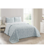 Farmhouse Jaquard Powder Blue Print Reversible King Quilt Set Country Co... - £75.79 GBP