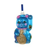 LUCKY CAT ORNAMENT 4.5&quot; Glass Christmas Cute Blue Maneki Neko Beckoning ... - £17.54 GBP