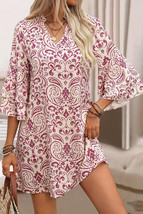 Pink Paisley Print Tiered 3/4 Sleeve Notched Neck Mini Dress - $14.92