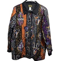 Bob Mackie Quilt Puff Jacket Size M Long Slv Wearable Art Lined Tribal 100% Silk - £16.98 GBP