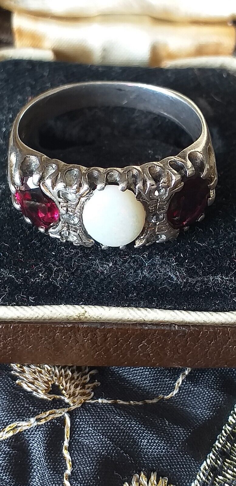 Primary image for Antique Vintage Victorian 1890-s Ruby and Milky Opal Silver Ring UK P, US 7 1/2