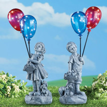 Solar Lighted Kid Children BOY or GIRL w/ Balloons Garden Statue Yard La... - $24.54+