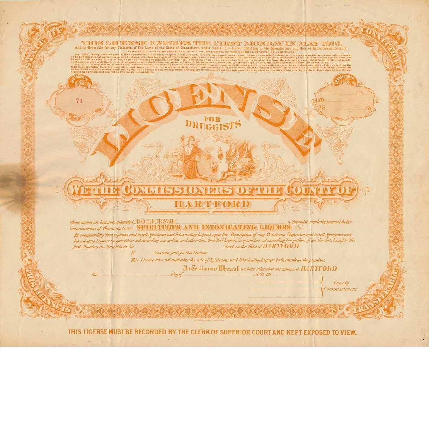 1916 Hartford CT, large License for Druggists, SPIRITUOUS & INTOXICATING LIQUORS - $48.99