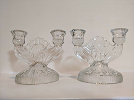 Pair Jeannette Glass Iris Herringbone Depression Era Candleholders Fan Vintage - £17.30 GBP