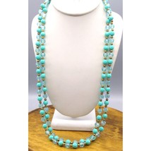 Long Vintage Teal Beaded Necklace, Elegant Transluscent and Solid Faceted Beads - £59.38 GBP