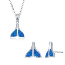 Sterling Silver Blue Inlay Opal Necklace and Earrings Set - Whale Tail - £52.28 GBP