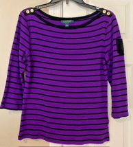 LRL Ralph Lauren Women&#39;s Purple/Black Striped Pullover 3/4 Sleeve - Large - £11.25 GBP