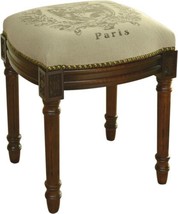 Vanity Stool Paris Crest Heraldic Wood Stain Hand-Applied Brass Nailheads Linen - £195.94 GBP