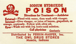 Vintage Pharmacy Label Sodium Hydroxide Poison w/ Skull &amp; Bones Owl Drug Stores - £38.66 GBP