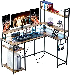 L Shaped Desk With Monitor Stand &amp; Hutch, Computer Gaming Desk With Led ... - $203.99