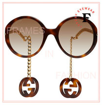 GUCCI CHAIN 0726 Gold Brown Metal Round Detachable Charm Sunglasses GG0726S 002 - £451.68 GBP