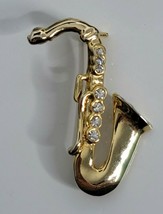 SAXOPHONE Gold Tone Rhinestone Keys Vintage Pin Brooch Musical Instrument Jazz - $9.99