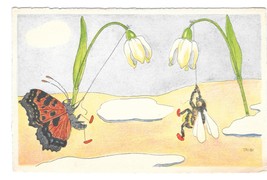 Fantasy Postcard Signed Tribi Anthropomorphic Bee and Butterfly Climbing... - $9.95