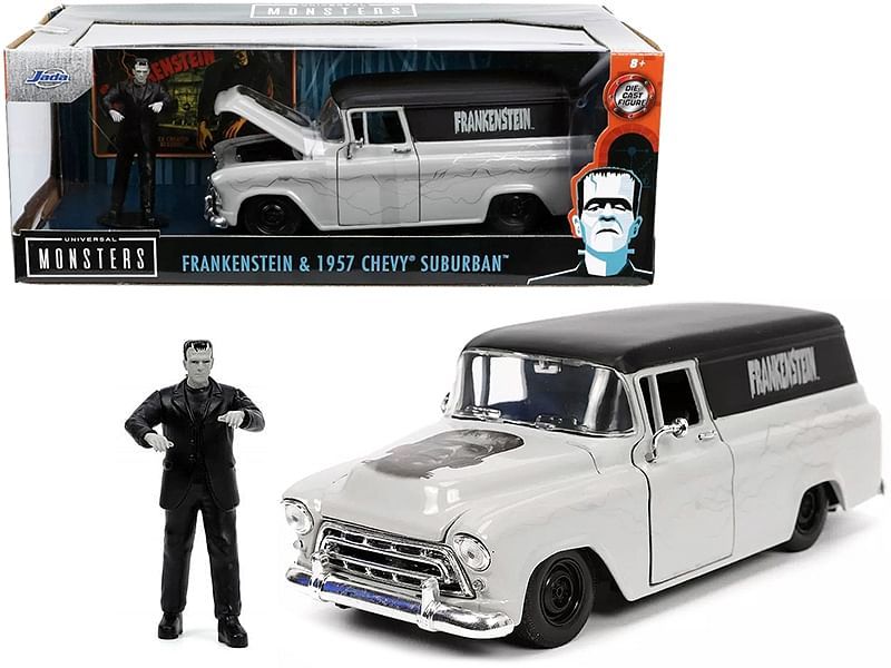 1957 Chevrolet Suburban Gray and Black with Graphics and Frankenstein Diecast - $58.95