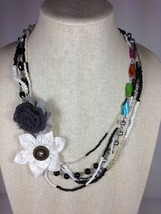 Multi-strand Off White Grey Dahlia Rose Flower Color Stone 23&quot; Handmade Necklace - £19.77 GBP