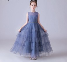 Dusty Blue Beaded Sleeveless Pleated Tulle Flower Girl Dress A Line Floo... - £123.14 GBP
