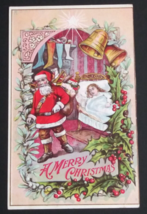 A Merry Christmas Santa w/ Toys Holly Sleeping Girl Embossed Postcard c1910s - £7.98 GBP