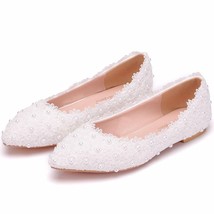 White Woman Wees Wedding Pumps Sweet White Flower Lace Pearl Platform Ankle Stra - £64.51 GBP